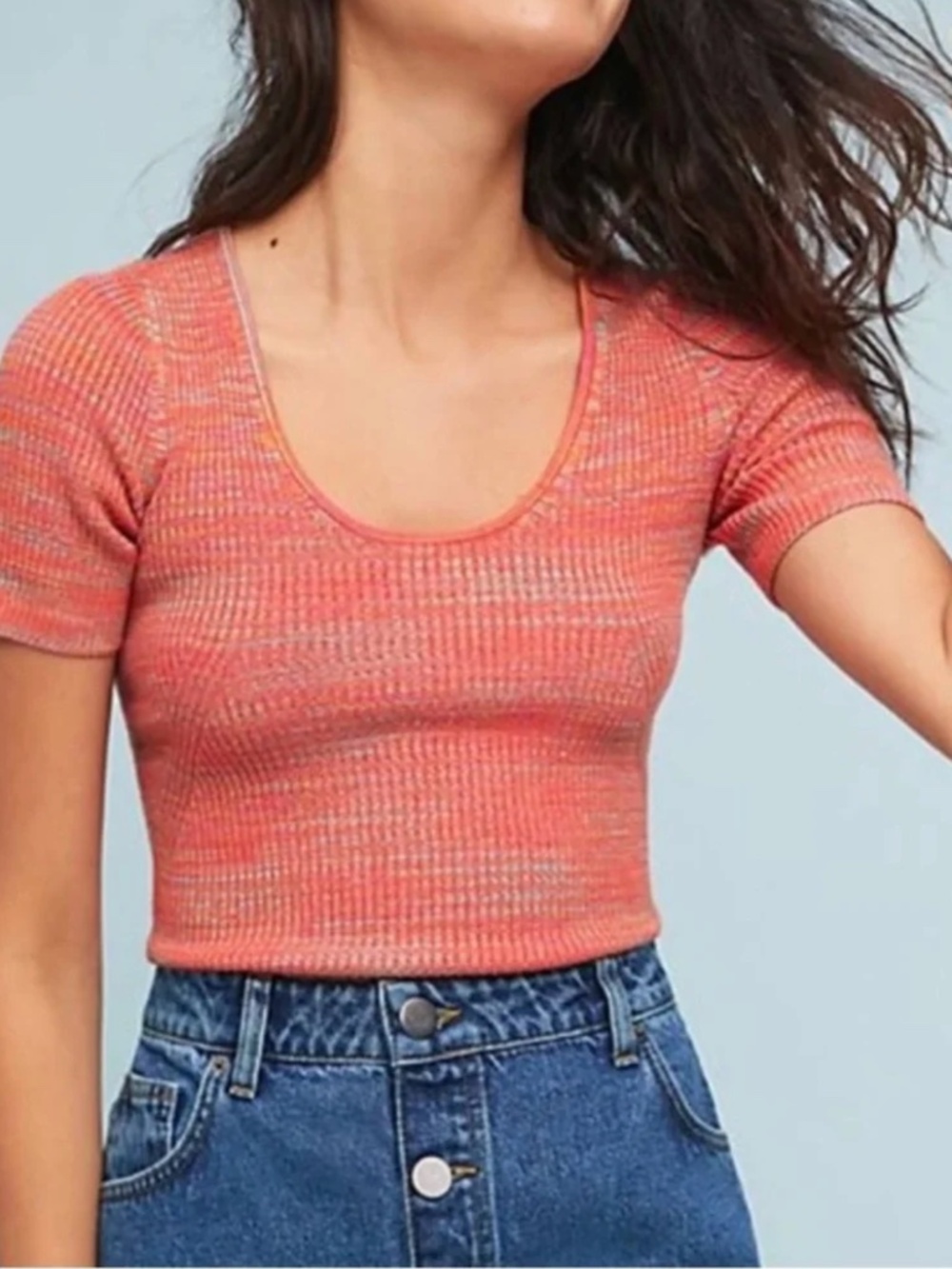 Anthropologie Moth Ribbed Short‎ Sleeve Sweater S Red Spacedye Scoop Neck Y2K
